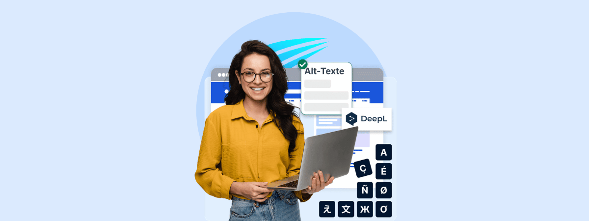 Smiling woman with a picture of alternative text and DeepL 